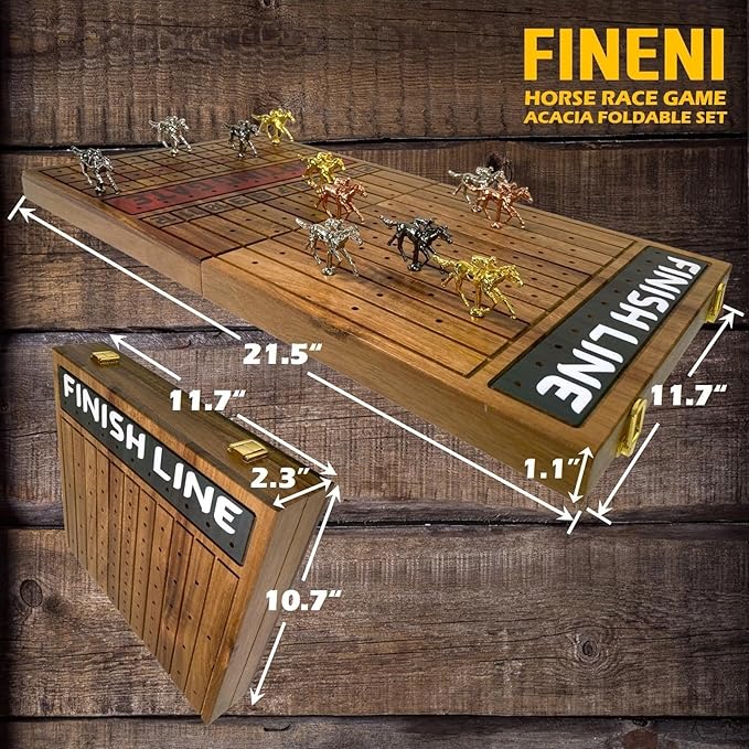 Horse Racing Game for Adults - Foldable Board Game With 11 Luxurious Metal Horses (Gold Silver Black RoseGold) - 22 Acacia Wood Race Game Board Dice &amp RoseGold Card