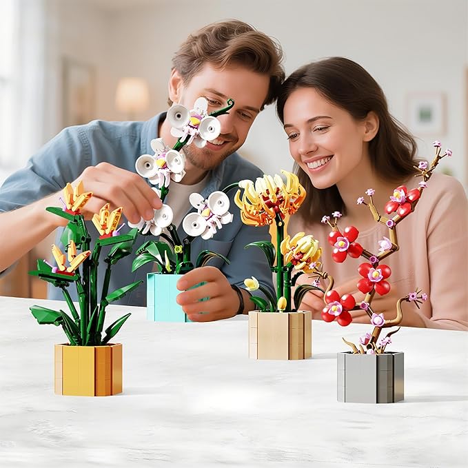 Flower Bouquet Building Blocks 4 Set Artificial Flowers Toys Botanical Collection DIY Unique Home&ampOffice Bonsai Decoration Adults Teen Girls for Birthday