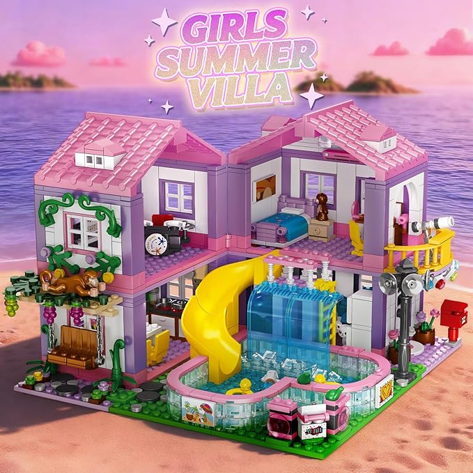 Pink Girls Summer Villa Friends Building Block Set Compatible with Lego Friends Educational 3 in 1 Construction Toy with Pool Slide Monkey and Swing for Kids Age 6 8 12 and Up 1026PCS