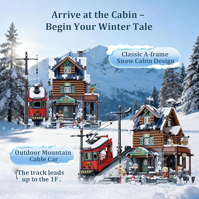 PANTASY Winter Summit Ski Lodge Building Set3-Story Mountain Cabin with Vintage Tram&ampSnowy LandscapeModular Brick Architecture Model with Opening WallIce Cave&ampMinifigures Holiday Display fo
