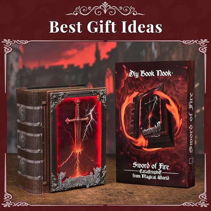 Magic Book Nook Building Set with Lights DIY Booknook Building Model Kit for Home Bookshelf Decor Miniature House Building for Adults Teens (The Sword of Fire)