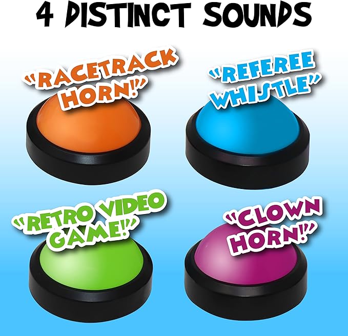 Teacher's Choice 4 Pack Game Buzzers with Unique Loud Sounds for Each Buzzer | Great for Trivia Games Family Feud Jeopardy Competition Spelling Bees and More