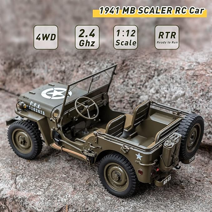 FCXㅤ RocHobby 1/12 1941 MB Scaler RC Jeep 4x4 Hobby Grade RTR RC Car Mini RC Rock Crawler Military RC Truck with 180 Brushed Motor LED Lights for Adults