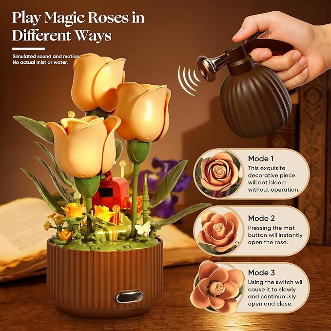 Magical Blooming Rose Building Set for Mom - Electric Moving Flower Blocks with Interactive Sound &amp LED Light Best Birthday for Women Grandma Wife