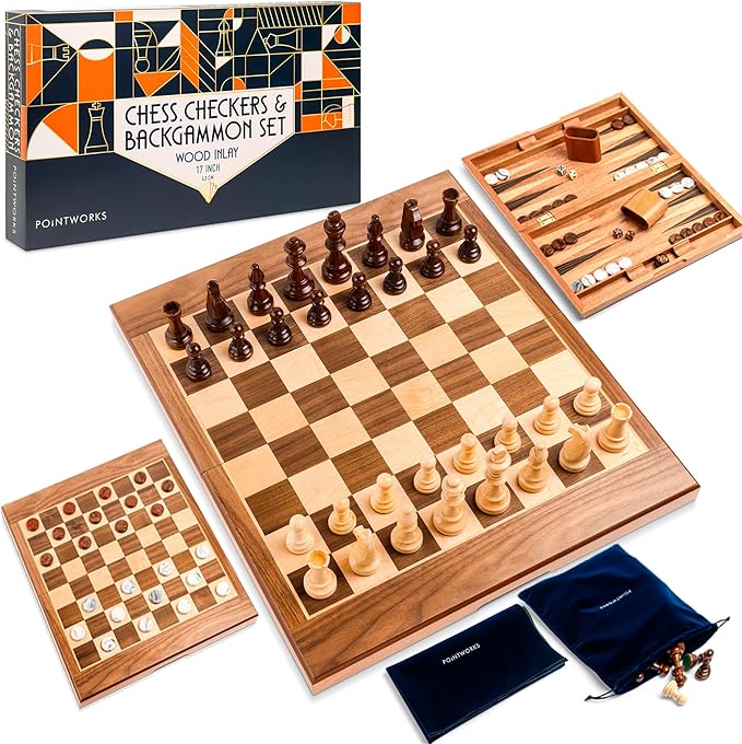 17 Inch Chess Checkers Backgammon Set for adults Wooden chess set combo portable folding two sided board multi game design maple walnut inlay with large weighted pieces acrylic checkers