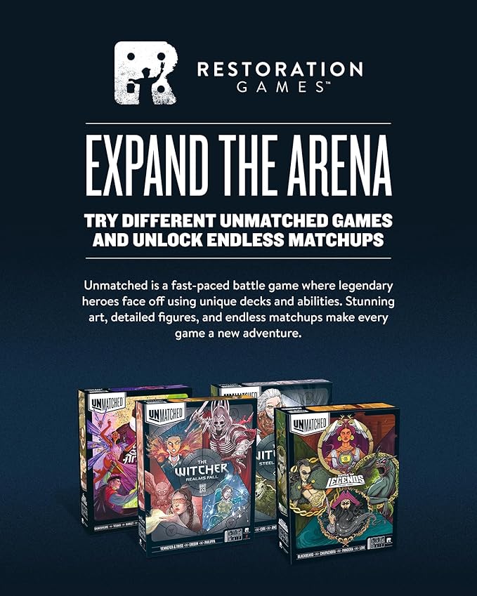 Restoration Games Unmatched The Witcher Steel &amp Silver - Strategy Board Game for Adults - Witcher Heroes Expansion with Double Sided Battlefield - 2-3 Players - 30 Min Playtime - Ages 9+