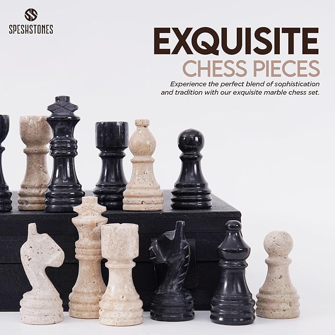 Marble Chess Set for Adults 12 Inch Black and Travertine Handmade Board Game with Storage Box Table Chess Set for Travel with Pieces &amp 2 Extra Queens Gifts &amp Home Décor
