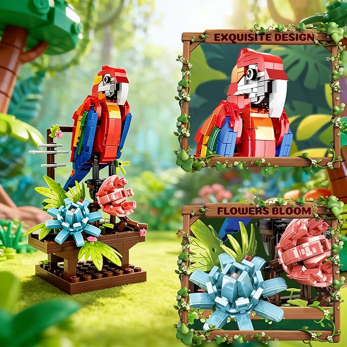 3-in-1 Parrot Building Sets 538 PCS Chameleon &amp Crab Animal Model with Flowers Creative Bird Construction Kit for Adults Nature Display Gift (Compatible with Major Brands)