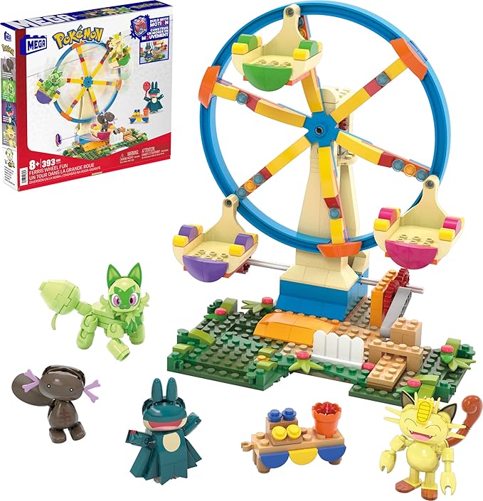 MEGA Pokemon Building Toys Set Ferris Wheel Fun with 393 Pieces 4 Poseable Characters 5+ Inches Tall for Kids