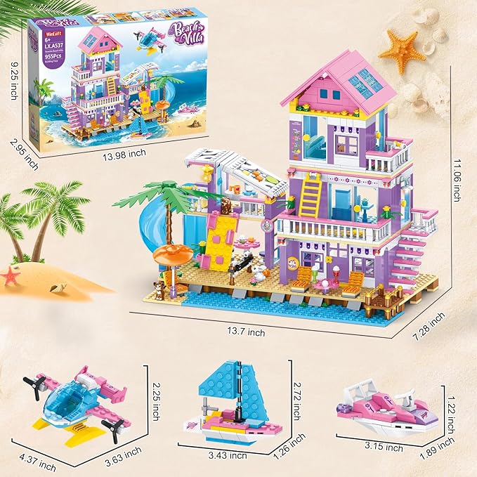 955 Piece Beach House Building SetSeaside Beach Villa Building Toys Friends Vacation Hut Blocks SetSTEM BuildingToys with HelicopterYachtSailboatChristmas Birthday Gift for Girl Age 6-12+
