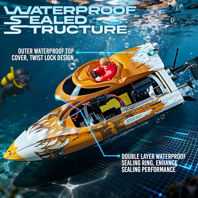 BEZGAR RC Boat 12 inch Self-Righting Remote Control Boat for Kids and Adults 25 KPH Fast RC Speed Boats with 700mAh Battery Ideal Waterproof Toy for Lakes &amp Pools - HJ822 Brown