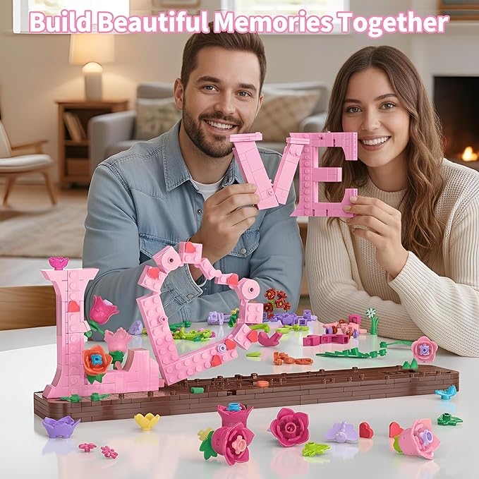 LOVE Heart Floral Building Kit 791PCS DIY Romantic Flower Brick Set Creative Anniversaries Gifts for Women &amp Men Valentine's/Mother's Day Home &amp Desk Decor Present for Ages 6+ Kids Girls