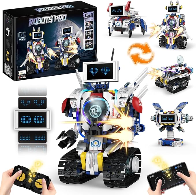 5 in 1 STEM Robot Building Kit APP &amp Remote Control Screen Building Toys Eye Coding Robots Rechargeable 620Pcs DIY Super Warriors for Kids Learning Boys Girls Birthday Gifts
