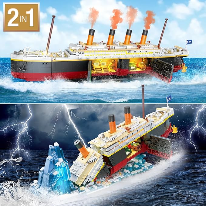 2 in 1 Titanic Building Set with Lights 1935 PCS Titanic Ship Mini Building Block Kit with Glacier Display Stand Home Decor Ship Model Birck Toy Gift for Adults Teens Boys Girls 12+
