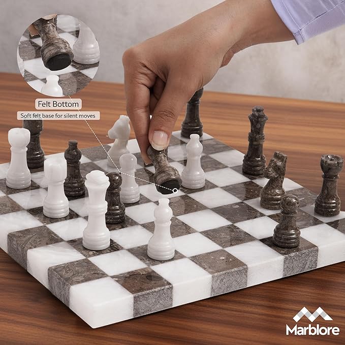 Marble Chess Set 10 Inch White &amp Oceanic Luxury Chess Board Set with 32 Pieces &amp 2 Extra Queens Classic 2 Player Game for Adults Travel &amp Home Decor Friendly