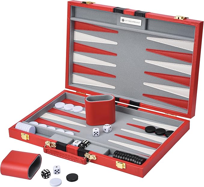 Get The Games Out Top Backgammon Set - Classic Board Game Case - Best Strategy &amp Tip Guide - Available in Small Medium and Large Sizes (Red Medium)