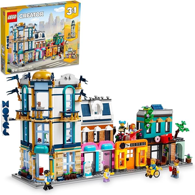 LEGO Creator 3 in 1 Main Street Building Toy Set Features a Toy City Art Deco Building Market Street Hotel Café Music Store and 6 Minifigures Endless Play Possibilities for Kids 31141