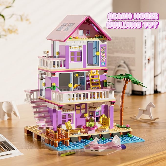 Beach House Building Sets Seaside Villa House Building Toys Compatible with Lego Friends Sets for Girls Age 8-12 Creative Holiday Cottage Building Kit Gift for Christmas Valentine's Day Party