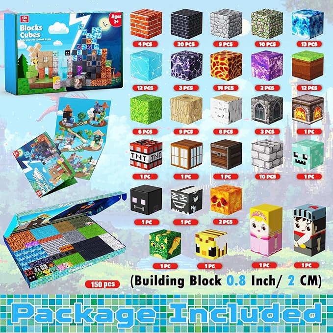 150PCS Magnetic Blocks - Magnet Building Blocks Stacking Magents Cubes Toys Forest Dark Castle Set STEM Montessori Sensory Toys for Kids Boys and Girls Ages 3 4 5 6 7 8 9 10 Easter Birthday Gifts