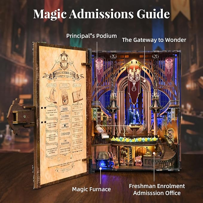 Book Nook Kit with LED Light Miniature House Kit for Birthday 3D Wooden Bookends Puzzle Bookshelf Decor for Adults Teens Beginners (Magic Admissions Guide)