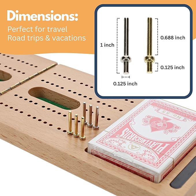 WE Games Solid Wood 2 Track Foldable Travel Cribbage Set with Storage Includes Cards &amp Metal Pegs Compact and Convenient for Travel Board Games for Adults 15 inches