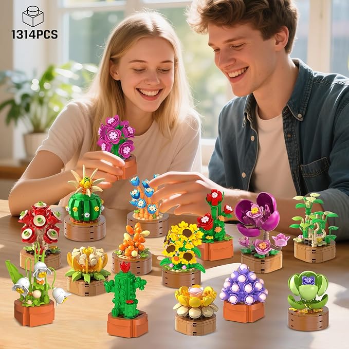 HOGOKIDS 15 Pack Flowers Succulents Mini Building Set for Adults Kids - 1314PCS Flower Plant Botanical Collection 3.6MM Bricks Toys Home Office Décor Easter Gifts for Women Boys Girls Age 6+