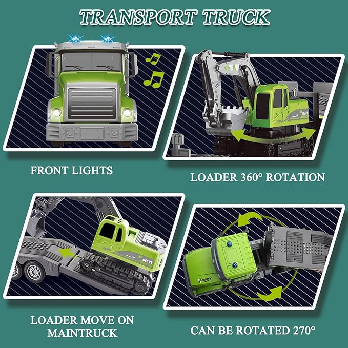 Fistone RC Semi-Trailer Truck &amp Excavator Toy Set 1:12 Scale with Sound and Lights 2.4Ghz Remote Control Flatbed Truck and Excavator Toys for Boys 6-12 Years Old