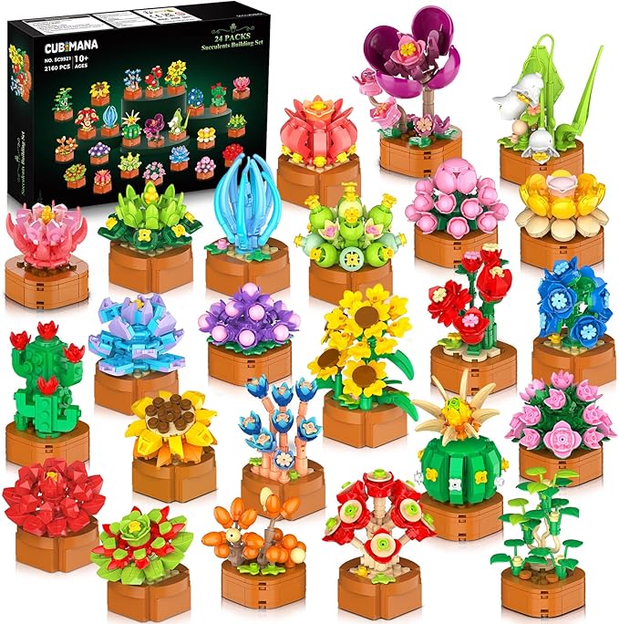 24 Pack Flowers Succulents Building Set - 2160PCS Botanical Collection 3.6MM Mini Flower Kit for Home Office Décor Plant Blocks Toy Easter Party Favors Gifts for Adults Women Kid 10+