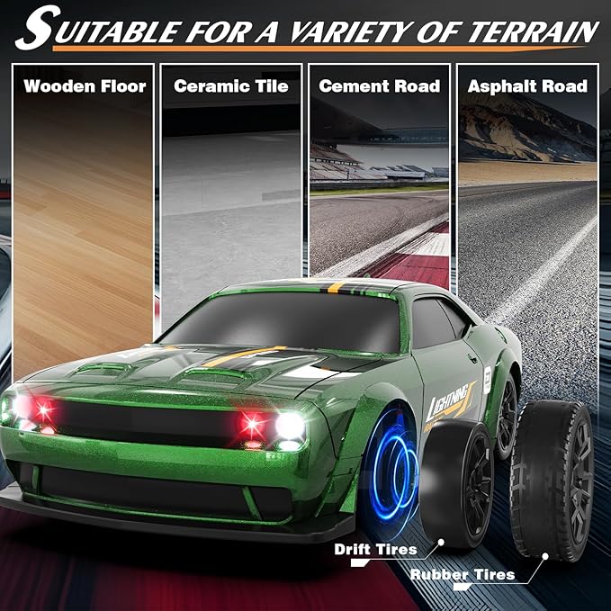 Mini RC Drift Car 1/43 2.4GHz RC Drift Cars with Gyro 4WD Full Proporitonal High Speed Remote Control Car with LED Lights and Drifting Tires Hobby Racing Cars for Adults Kids Boys Green