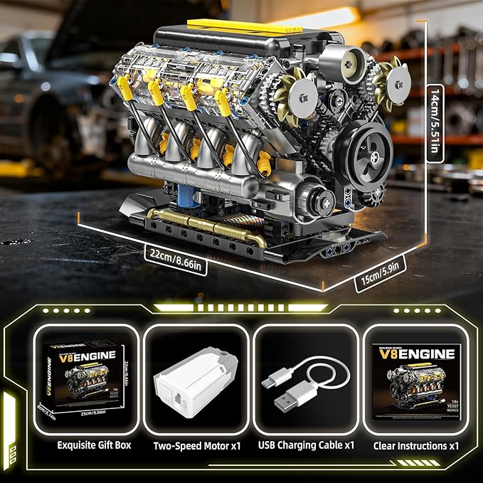 V8 Engine Model Kit That Runs Visible Mini Car Motor Building Blocks Set for Adults Compatible with Lego STEM Physical Science Educational Toy for Teens Boys 14+ (905 PCS)