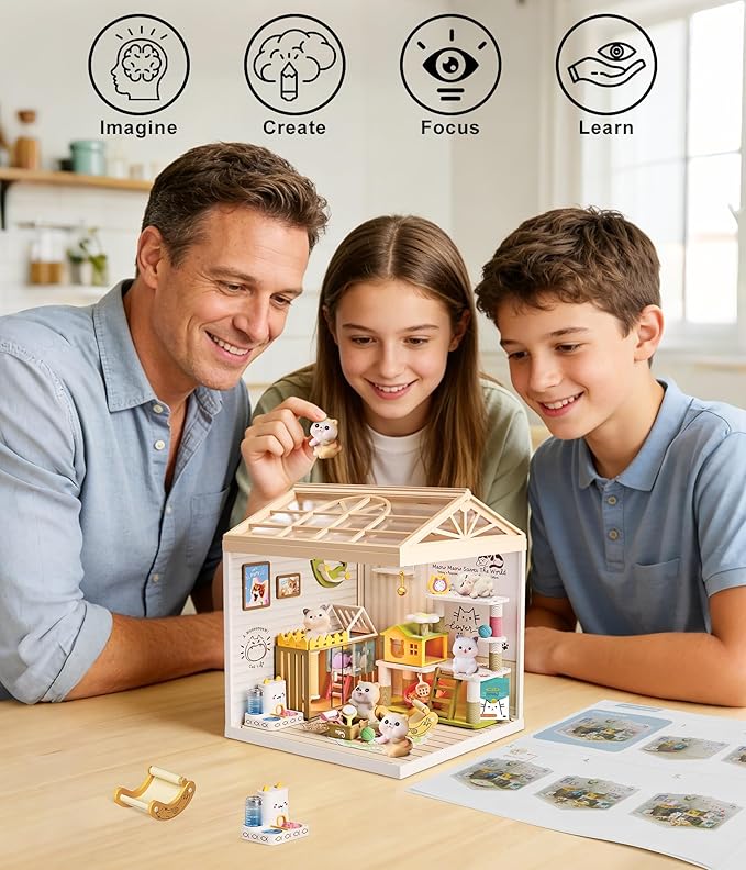 DIY Miniature Cat Pet Shop Dollhouse Kit with Dustproof Cover &amp Roof - Purrfect Tiny Animal Shelter Room with Led Lights - Creative Craft Set for Ages 14+