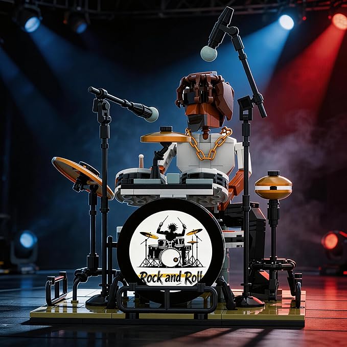 Dynamic Drummer Building Kit - 428-Piece Rock Concert Stage with Poseable Figure &amp Adjustable Drum Set Adult Collectible Model for Music Lovers Home Office Desk Decor Ages 14+