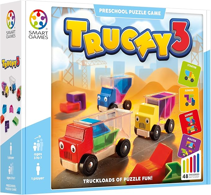 SmartGames Trucky 3 Wooden Puzzle Educational Stacking Toy Game with 48 Challenges for Ages 3+