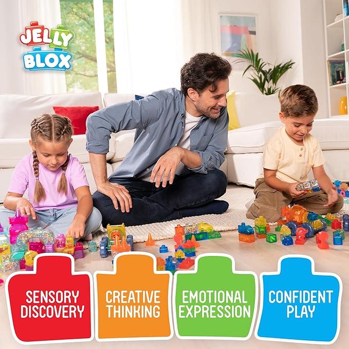 Goliath Jelly Blox Stash 'N Stack 2-in-1 Storage Case | Toddler &amp Preschool Building Blocks Kids Can Squeeze Stretch Squish | MESH ACCREDITED | Safety Tested &amp Ouch-Free | Sensory Play for A