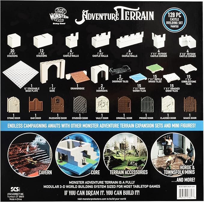 Monster Adventure Terrain 3D Interchangeable Builder System - 128pc Painted Castle Expansion Set w Base - Build Modular Worlds in a Snap &amp Elevate Your Campaign -Compatible with DND Dungeons &amp
