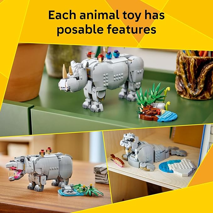LEGO Creator 3 in 1 Wild Animals: Majestic Rhino - Building Toy for Boys &amp Girls Ages 9+ - Gift for Easter Baskets - Kids Bedroom and Desk Decor - Build Rhino Hippo or Walrus - 31171
