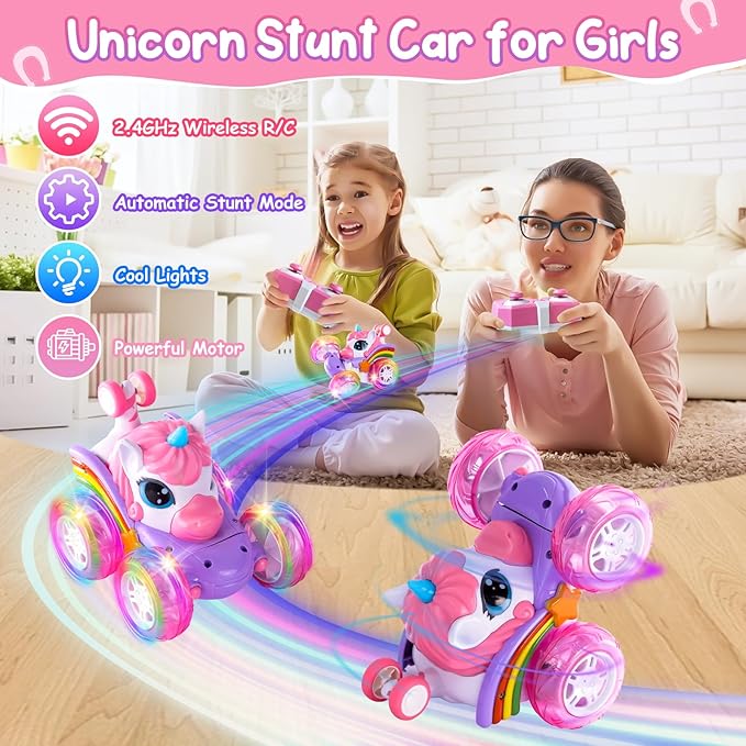 Remote Control Car Unicorn for Girls 360° Rotating 4WD Stunt RC Cars with Cute Cool LED Lights 2.4GHz Toy Car USB Direct Charging RC Cars Birthday Gifts for Kids Girl Age 3-6 7-9 (LY-018)