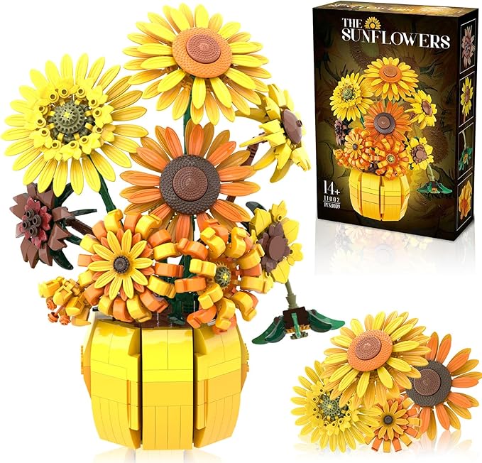 Van Gogh Sunflower Building Blocks Set for Adults Sunflowers Botanicals Compatible with Lego Flowers Art Bonsai Botanical Collection Office Gifts for Her Him Girls 14+ 1009PCS 11002