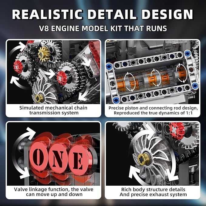 V8 Engine Building SetV8 Engine Model kit that RunBuild Your Own STEM Mini V8 Model Engine Kit with Battery and Motor8-Cylinder Car Engine Building Engineering Toys for Kids Adults(478PCS)