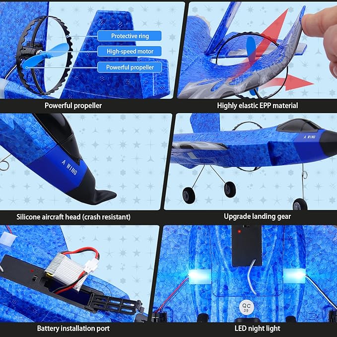 RC Plane 2CH RC Airplane Toys HW39 Fighter 2.4GHz Remote Control Plane RTF for Beginner Kids and Adults F35 Aeroplane with Night Lights USB Charging (Blue)