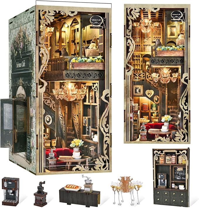 Book Nook Kits for Adults and Teens DIY Miniature Dollhouse Kit 3D Wooden Puzzle Booknook Bookend with LED Light Gifts for Family Friends (Saison Café)