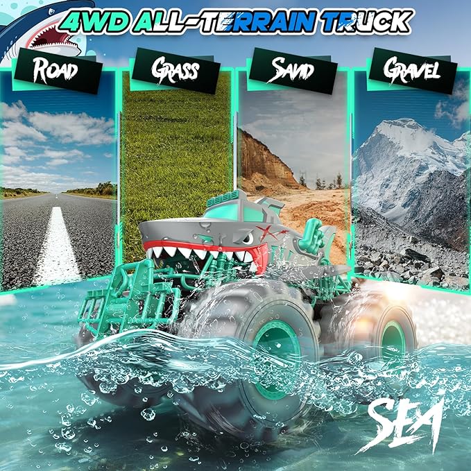 Waterproof Shark Remote Control Car 1:16 Amphibious RC Cars 4WD All Terrain Off Road Monster Trucks Toys RC Truck Toys for Kids 3-5 6-8 8-12 Year Old Boy Birthday Gift Gray