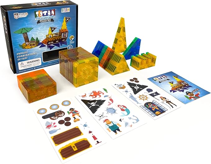 Tytan Tiles Pirate Ship &amp Island 60-Piece Magnetic Tiles Building Set Fun Kids’ STEM Toy Creative Play Shape &amp Pattern Recognition Fine Motor Skills Includes Storage Bag Ages 3 and Up