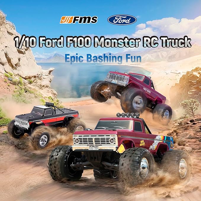 BEEZRC FMS RC Rruck 1/10 Ford F100 Officially Licensed Monster Truck 2WD High Speed Off-RoadRC Rock CrawlerHobby Grade RC Climbing Car Remote Control Car for Adults RS no Battery (First Blood)
