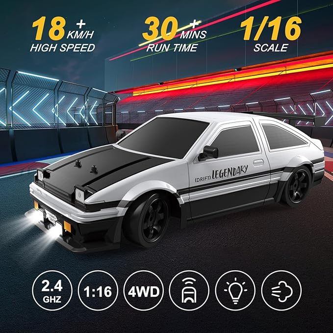 Mostop RC Drift Car 1:16 2.4Ghz Remote Control Drift Car with LED Light Spray 2 Batteries and Extra Tires 18KM/H High Speed Drifting RC Cars 4WD Hobby RC Sport Racing Cars Model Vehicle for Kids