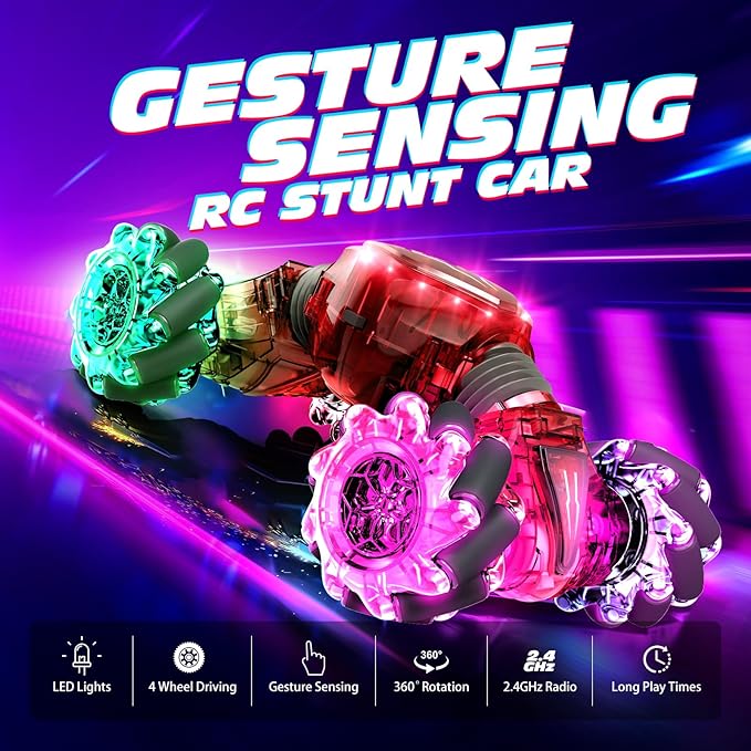 Tecnock Remote Control Car for Boys Girls 2.4GHz 4WD Gesture Sensing RC Stunt Car Toys - 360° Rotating Double Sided Hand Controlled RC Cars with LED Lights Gifts for Kids Ages 6-8 8-12