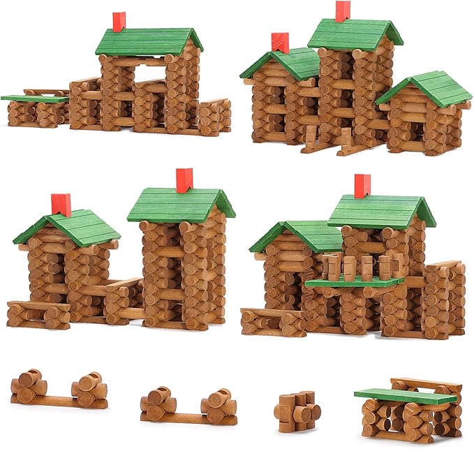 SainSmart Jr. 665 PCS Wooden Log Cabin Set Building House Toy for Toddlers Classical STEM Construction Kit Compatible with Lincoln Logs for 3+ Kids