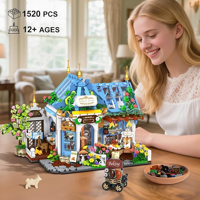 Flower Café House Building Set with LED 1520 PCS Botanical Coffee Architecture with Openable Design Floral Bakery Construction Model for Home Decor Gift for Adults Women Teens Girl Boy 12+