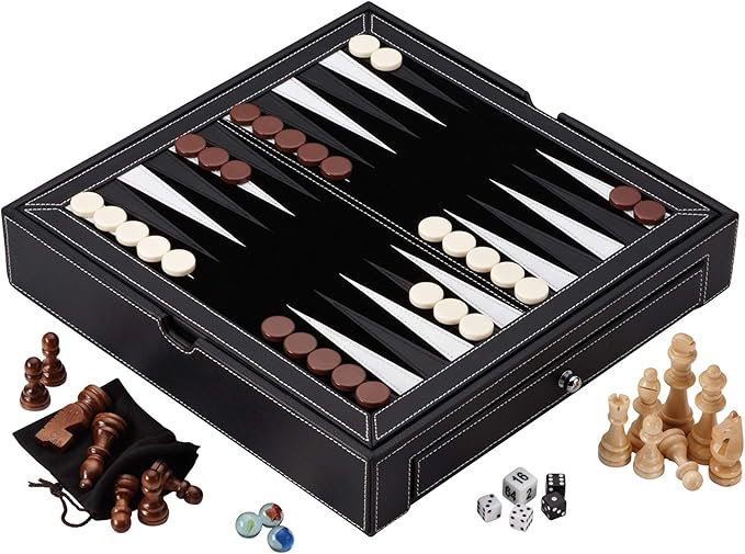Mainstreet Classics Broadway 5-in-1 Combo Board Game Set: Chess Checkers Backgammon Chinese Checkers and Dice Games