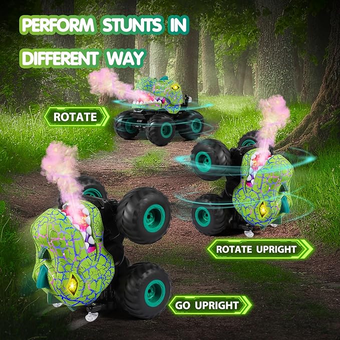 DYODYORC Remote Control Car 2.4Ghz All Terrain Dinosaur Monster Truck Toys RC Truck with Spay Music 3 Lighting Effects Stunt Capable Toy Gifts for Boys and Girls (Green)